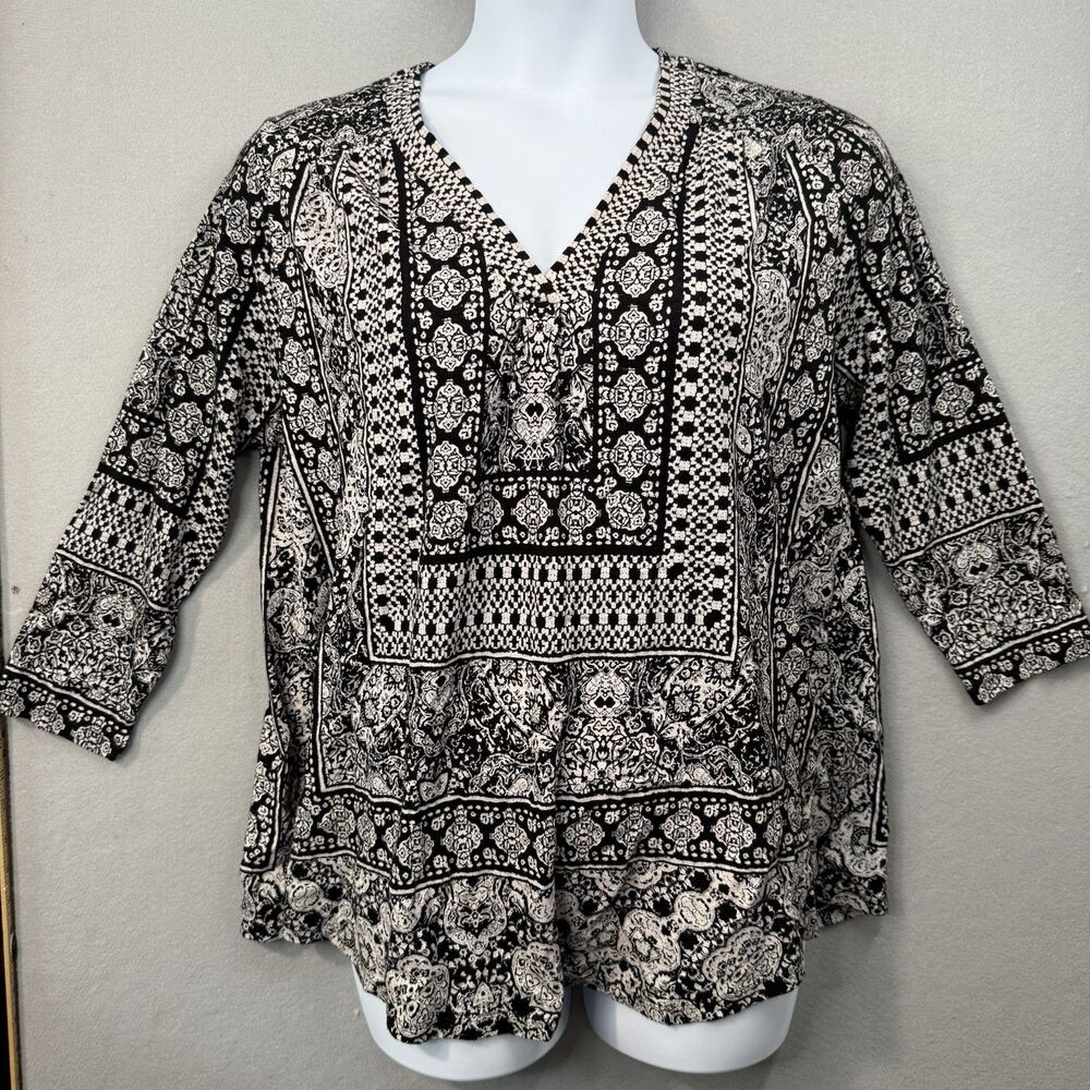 Lucky Brand Boho Peasant Tunic Blouse Top Black White Pattern 1X 3/4 Sleeve